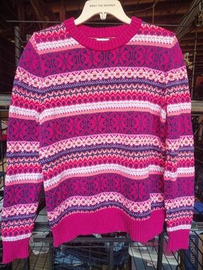 J. Crew Fuchsia Multi-Stripe Fair Isle Crewneck Sweater